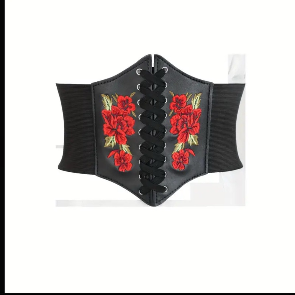 New rose embroidered faux leather elastic stretch belt waist cinch - Picture 4 of 5